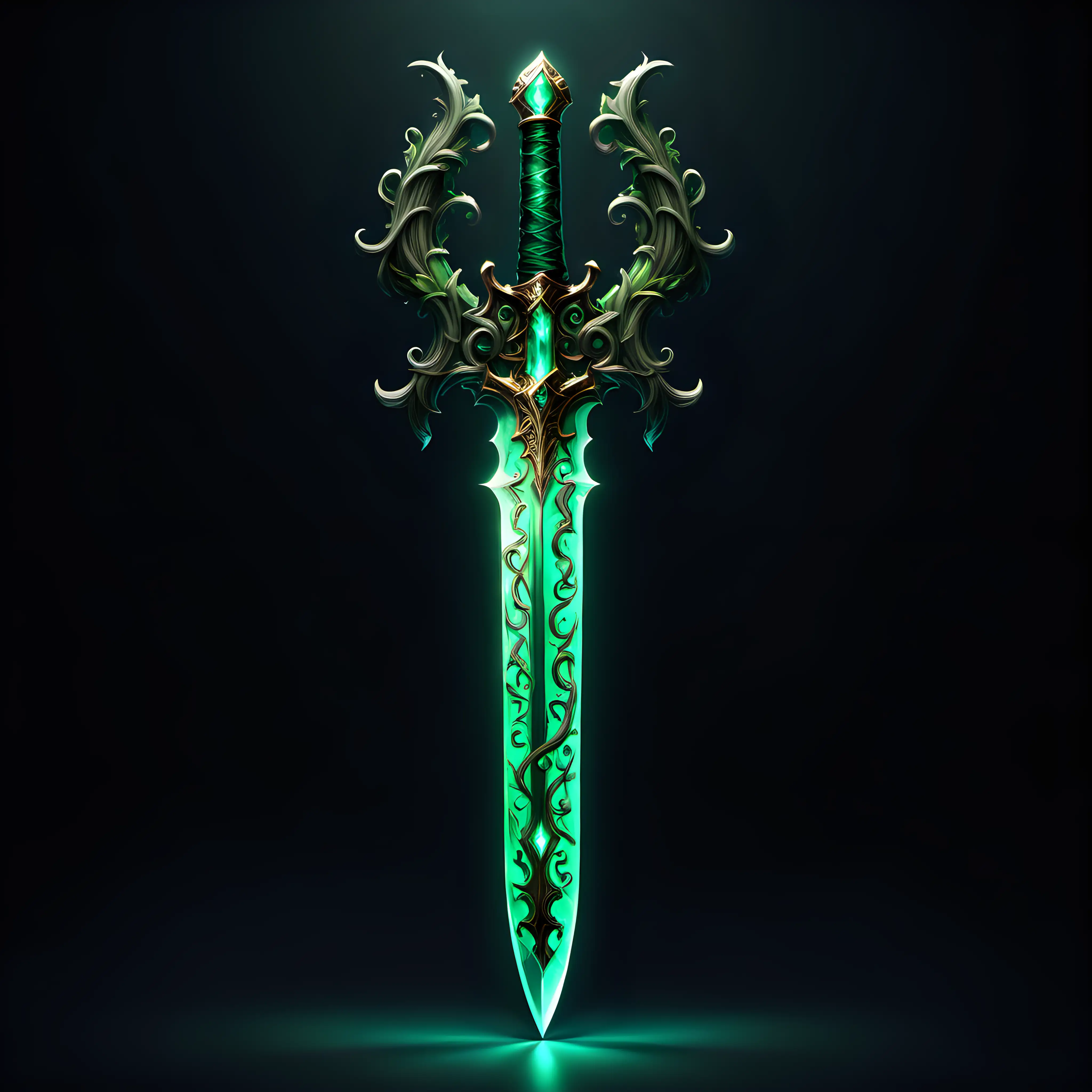 A luminous emerald sword with a hand guard made of vines