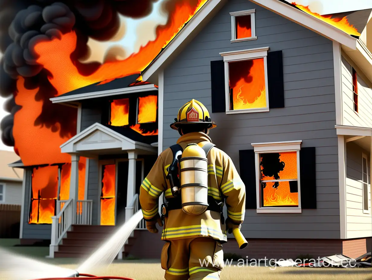 пожарный спасает ребенка из горящего дома, в стиле детского рисунка