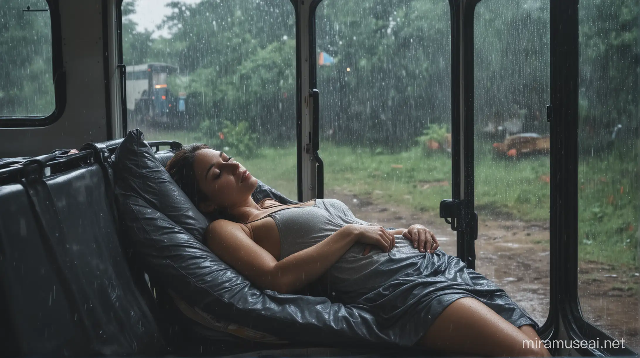 Sensual Woman Napping in Rainy Bus at Campsite