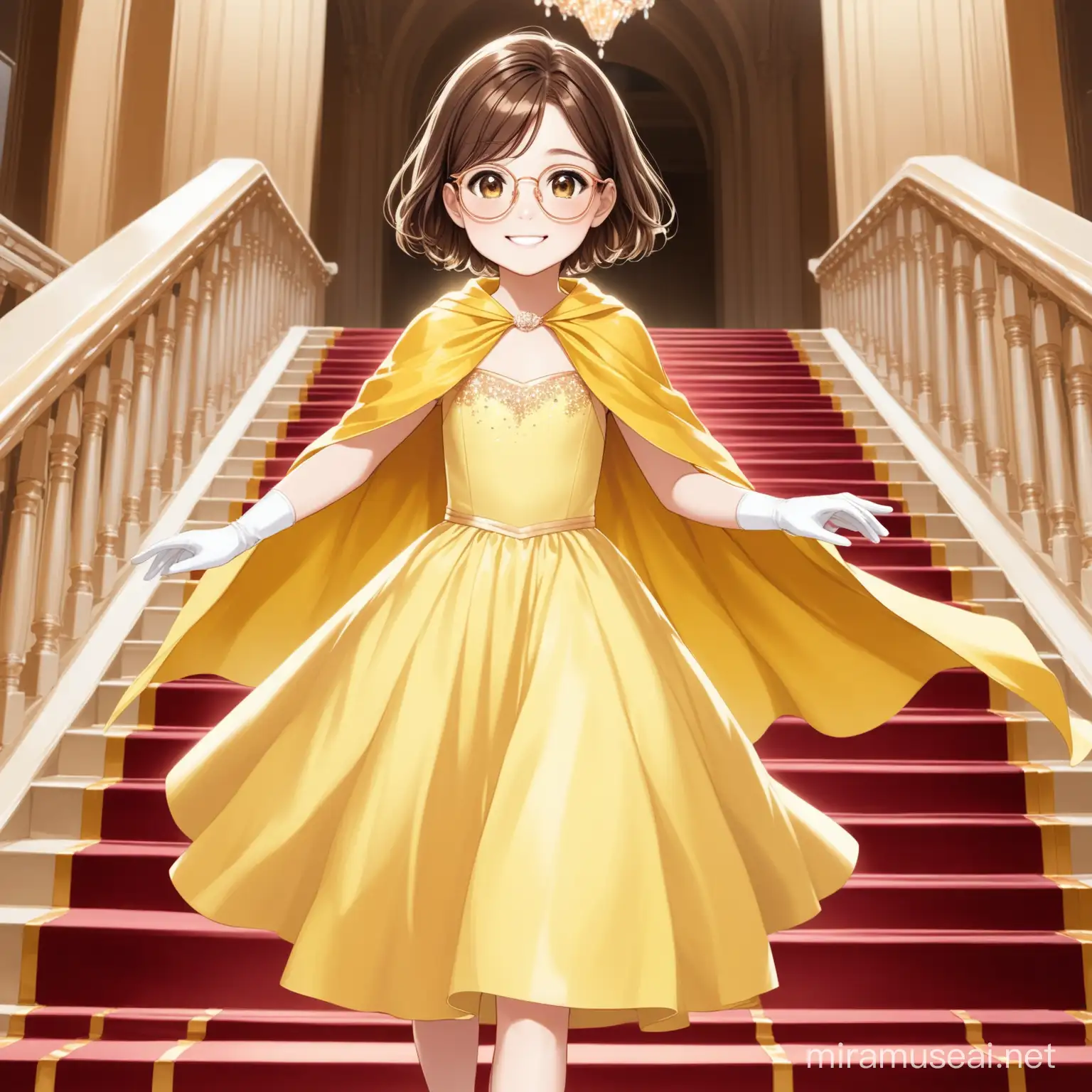 12 year old girl, short brown hair, brown eyes, rose gold glasses, smiling, pale yellow ball gown, yellow cape, white gloves, yellow shoes, walking down a grand staircase