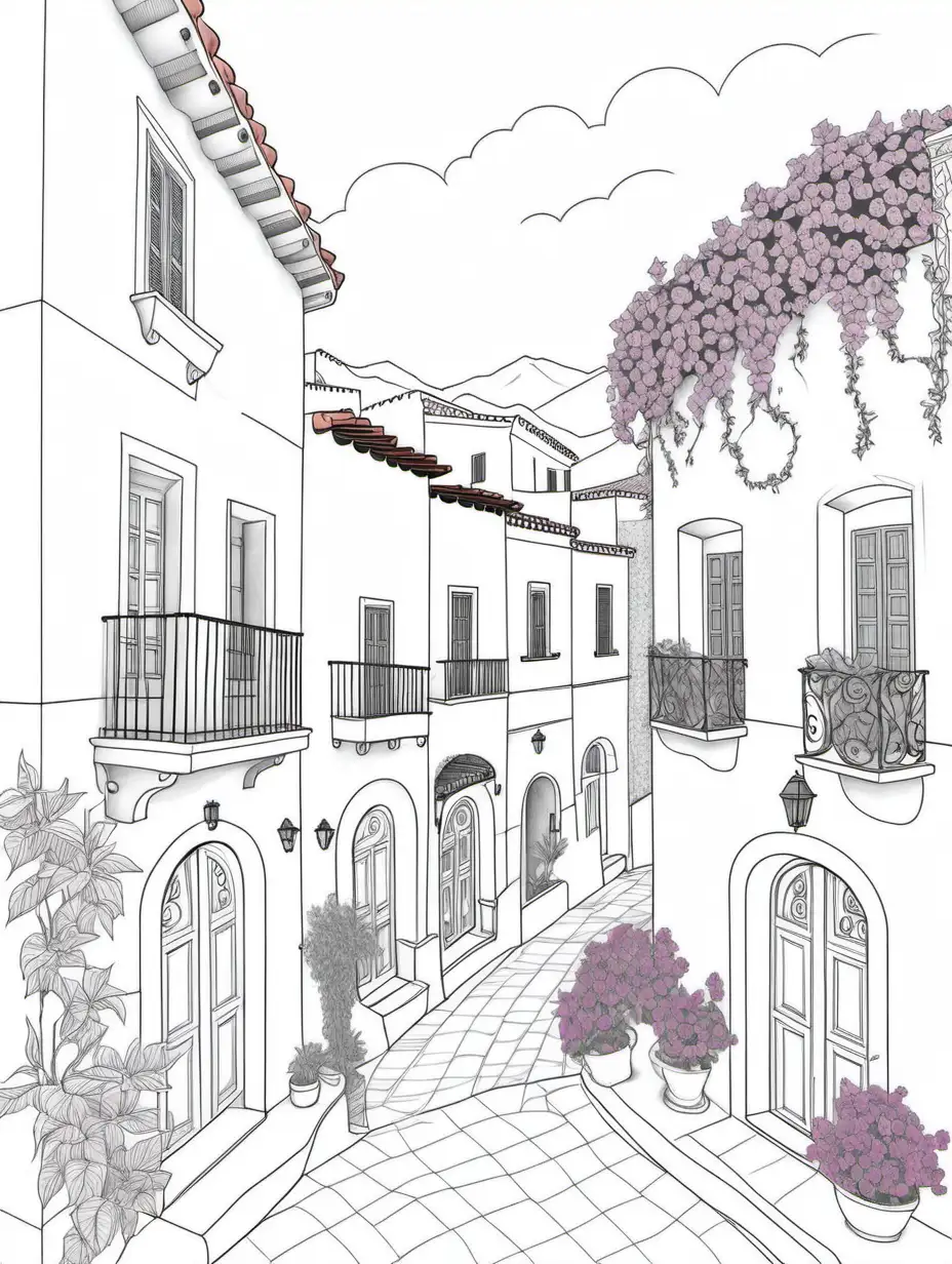 A Coloring book page with no color, featuring playful Mediterranean style
Townhouses with stucco walls, terracotta roofs, and finely detailed bougainvillea climbing the walls. The outlines should be simple and suitable for younger colorists.