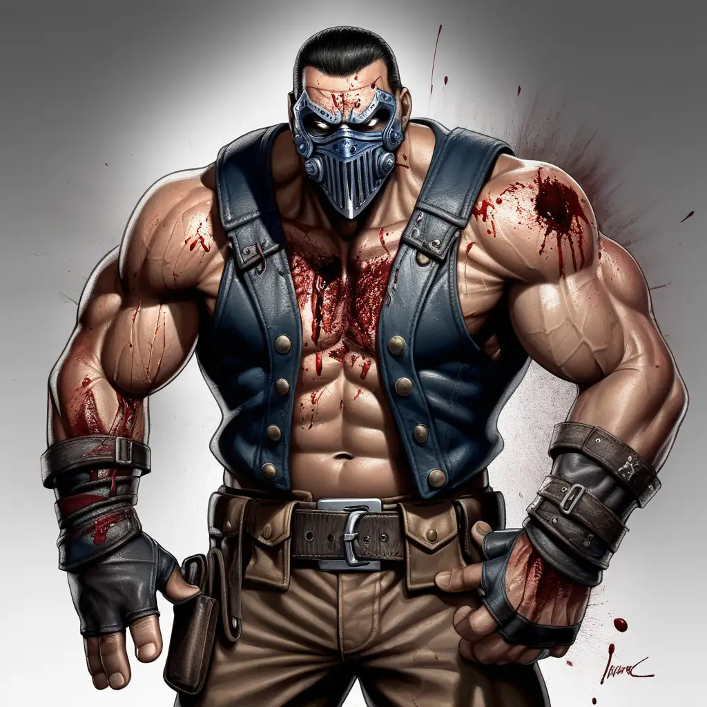 Santiago "The Torturer" Cortez is a menacing figure, his appearance reflecting his dark past. He has a muscular build, with scars crisscrossing his arms and torso, testament to his brutal methods. Cortez wears a tattered uniform reminiscent of his days as an interrogator, complete with leather gloves stained with blood. His face is obscured by a grimacing mask, adding to his aura of intimidation. He moves with a deliberate and menacing swagger, radiating an aura of menace that unnerves his opponents.