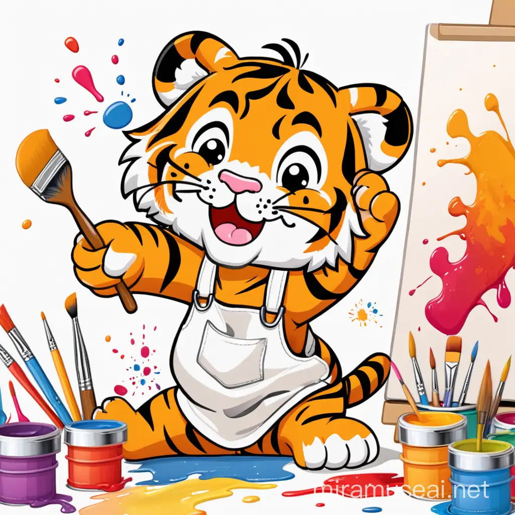tiger, cute, happy, artist, painting, drawing, cartoon, smock, canvas, paint, mess, fun