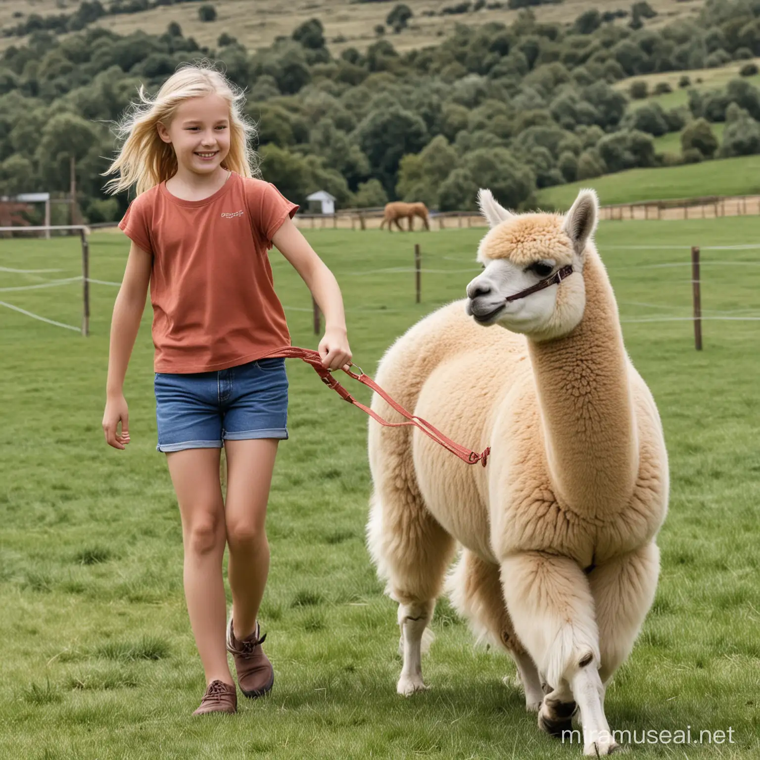 11jähriges blondes Mädchen führt einen Alpaka