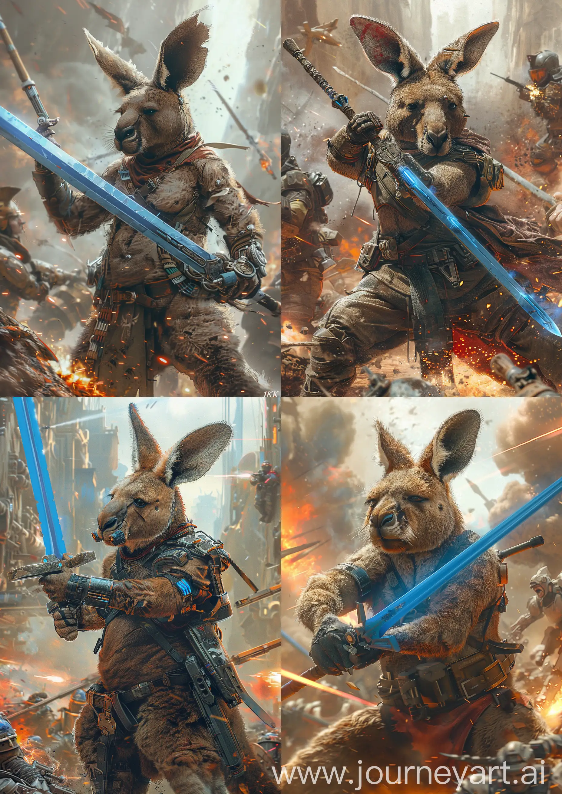 an anthropomorphic kangaroo barbarian wielding a blue sword, huge, muscular, cyberpunk, kangaroo man, attacking while war rages all around, 16k, --ar 5:7 --q 2 --s 250
