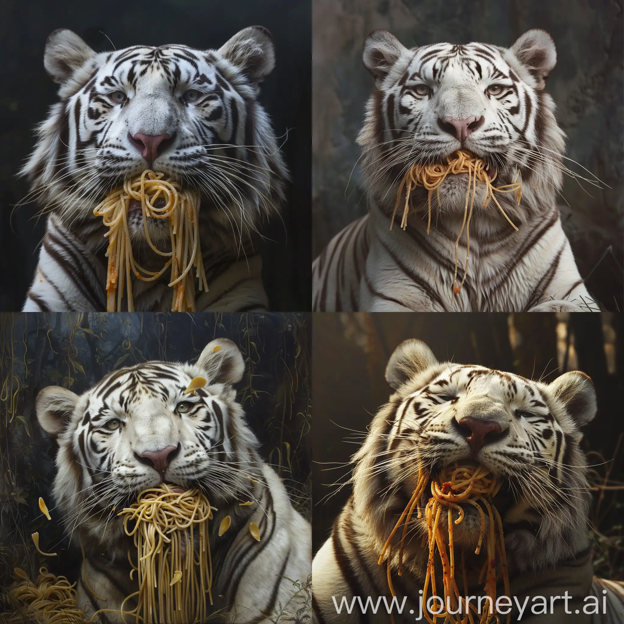 tigre blanco comiendo un spaghetti