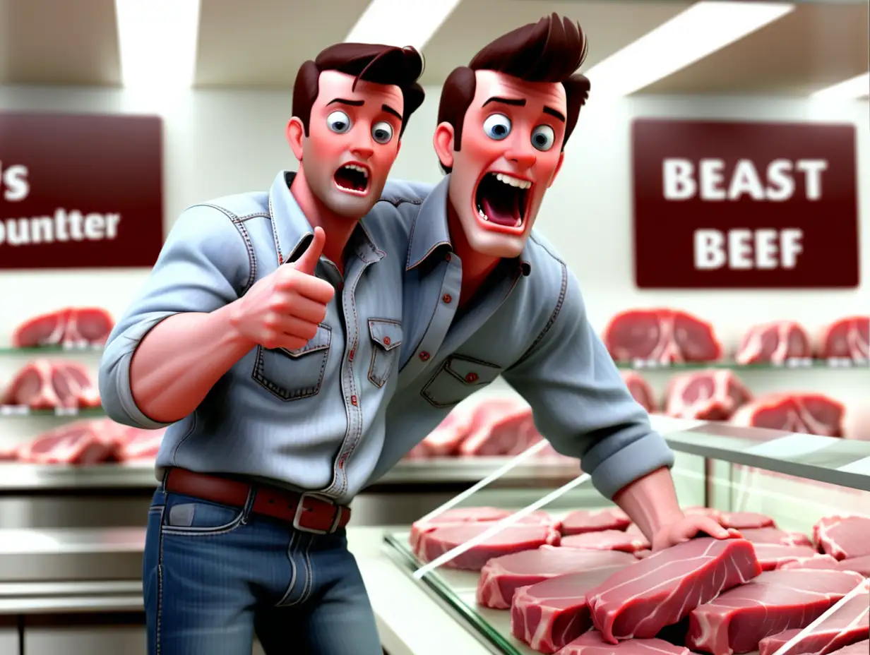 A man, dressed in jeans and a button-down shirt,  standing in front of a glass meat counter with beef.  The wall behind the counter is white. He is pointing up at a sign.