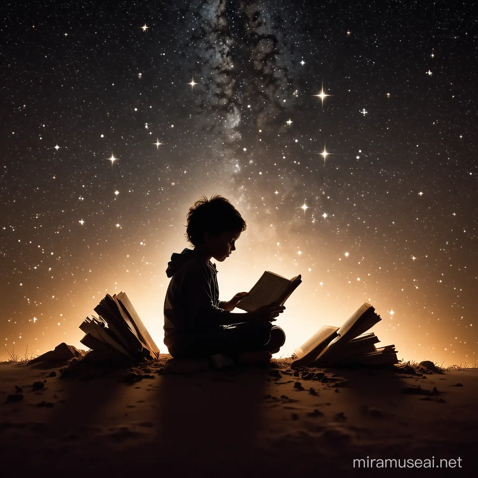 Magical Storytelling Silhouette Enchanting Child with Open Book Amidst Starlit Sky