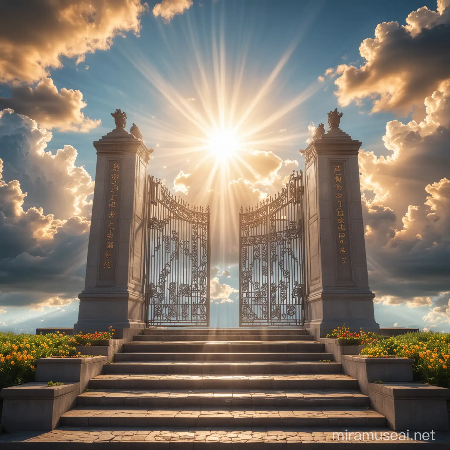 a majestic heaven gates in the sky sun beam glowing behind with cloud steps memorial background