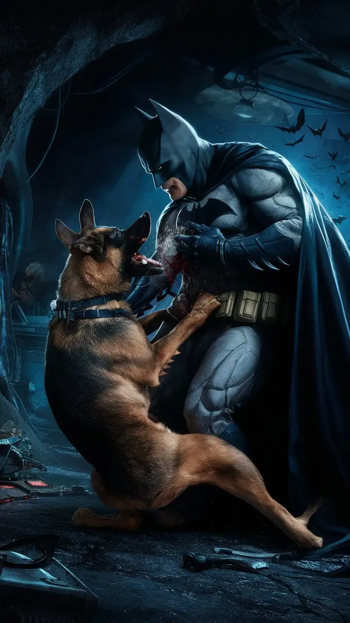 Dark Knight Batman in Intense Battle with His Loyal Canine Companion