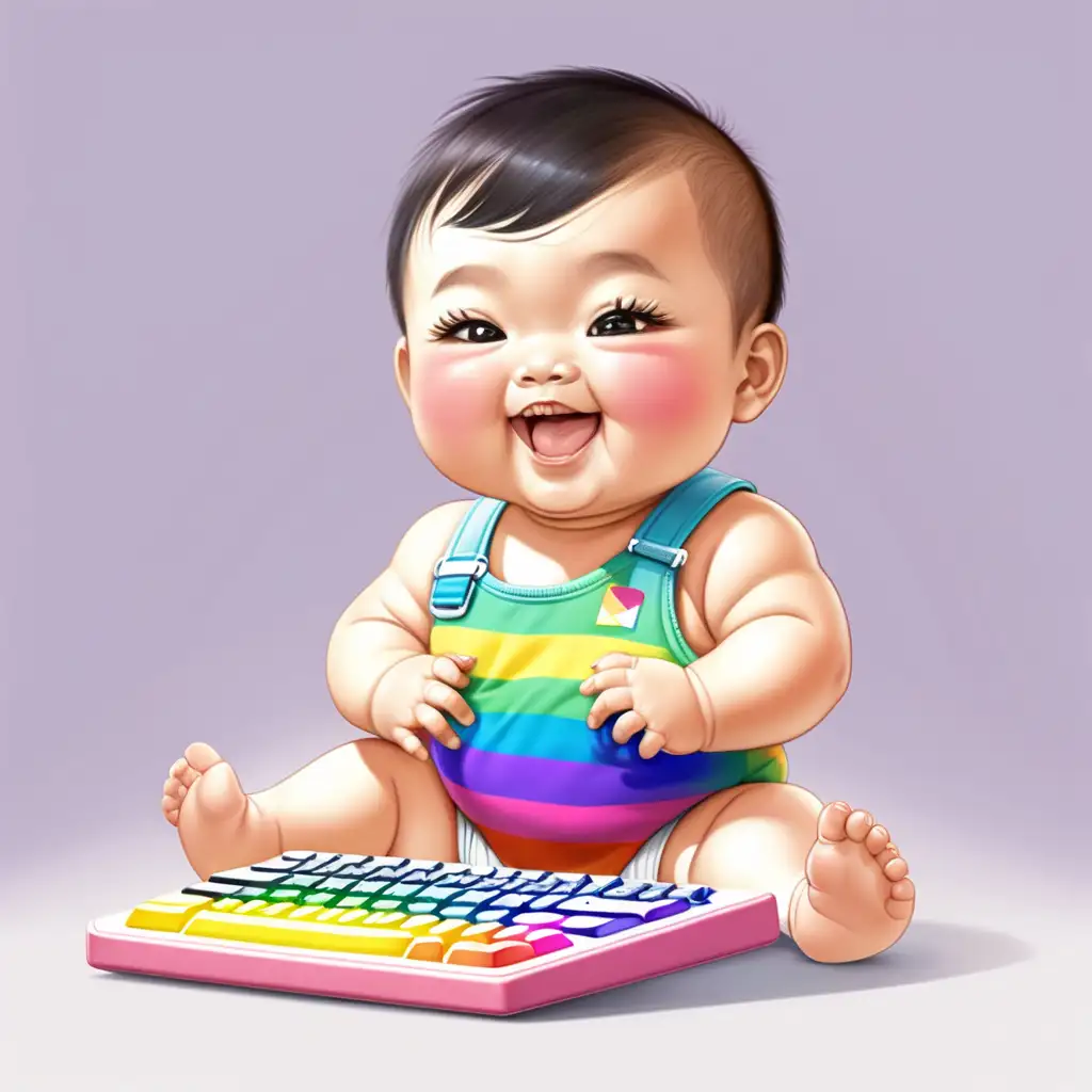 cute illustration of a chubby cute asian 5 month old baby girl with big eyes and long eye lashes, short hair, smiling with 2 bottom teeth showing, triangle bang, sitting on the floor and holding a toy rainbow color keyboard, wearing rainbow striped onesie, no background