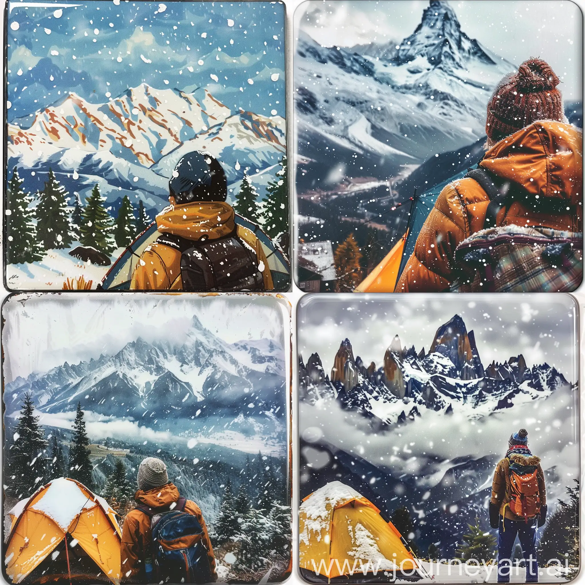A refrigerator magnet. A hiker is camping and looking at the beautiful scenery at the foot of the snow-capped mountains. It is snowing heavily and there is snow on the roof of the tent.