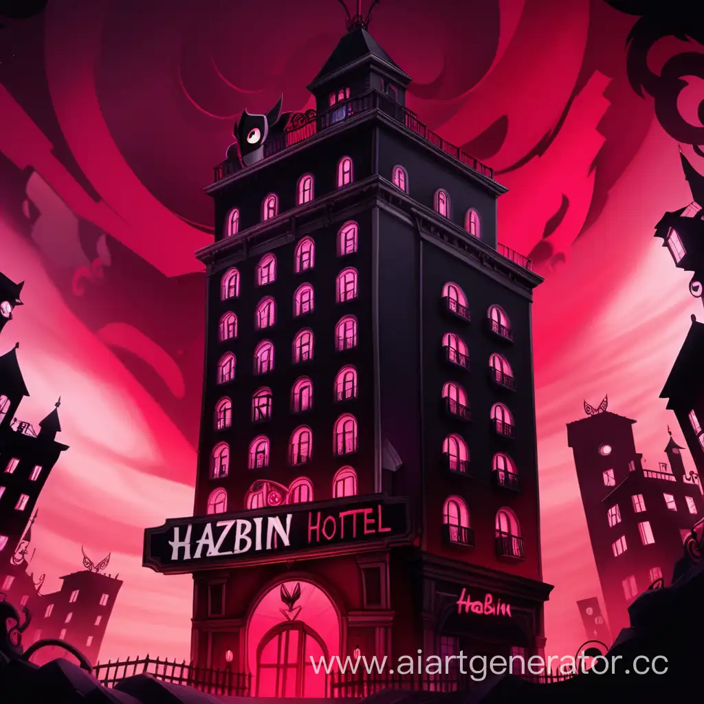 hazbin hotel,hell,red sky, eyes on building, big enter, big building, black building