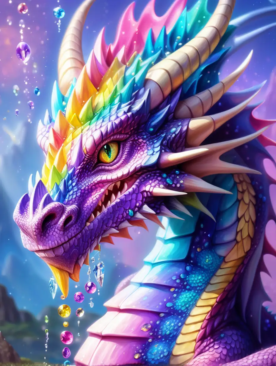 a fantasy dragon close up with a lot of mixed colors such as purple, pink, yellow and blues, with sparkle drops around him 