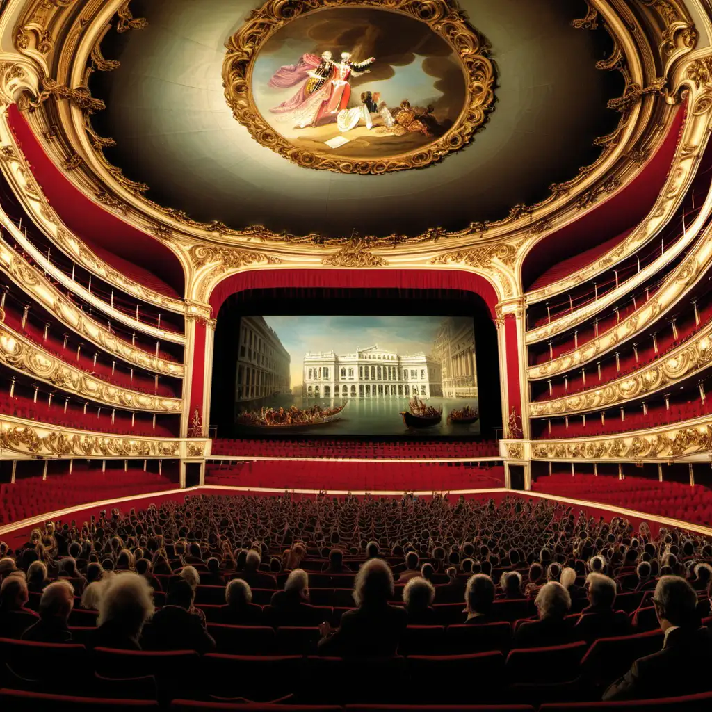 Mozart Watching Opera at Viennas 1790 Opera House with Venetian Masked Audience
