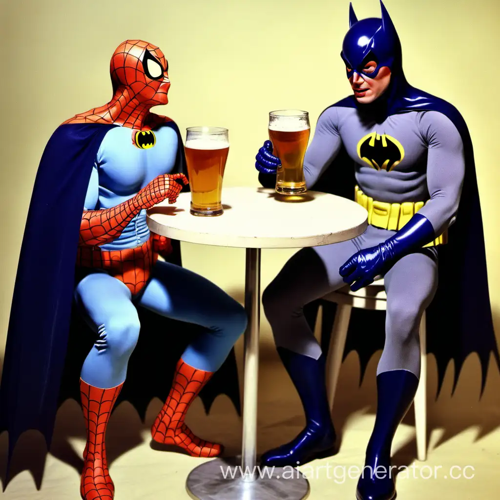 Batman 1970 and Spiderman having a beer