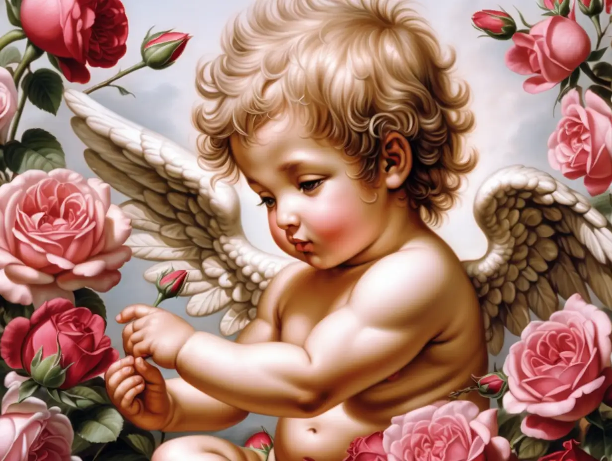 hyper realistic cherub cupid, surrounded by roses, add the words Asia Christine