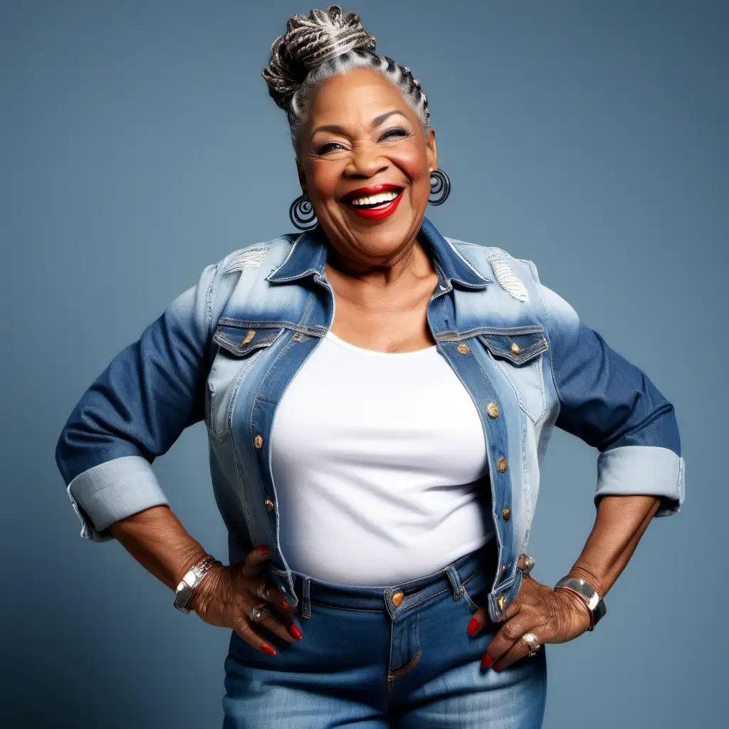 african american grandma, 60 years old, gray braids, high heels, eyelashes, jeans, jean jacket, tshirt, smiling, lipstick