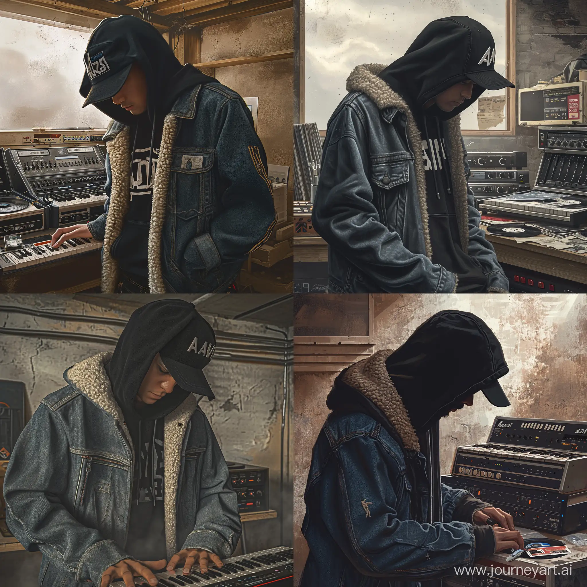 "Style: Hyperrealism. Character: A man in a black hoodie (hood not worn on the head), black snapback cap, denim 'trucker' style jacket lined with sheep's wool. Environment: A dusty music studio in a basement, featuring akai music equipment and vinyl records. Action: The character is either creating music or listening to a recording on a cassette. Lighting and colors: Natural lighting suggesting cloudy skies, with a focus on earthy and neutral denim shades. Perspective and composition: Adhering to the golden ratio, focusing on the character and their interaction with the music equipment. Negative Prompt: No neon colors, other characters, unrelated objects, bright colors, elements of fantasy or surrealism. Additional information: To be used as a hip-hop album cover, capturing an atmosphere of concentration and passion for music. Tags: #hiphop, #musicproduction, #akai, #studio, #mixtape. Notes: Emphasis on the details of the clothing and authenticity of the music equipment.