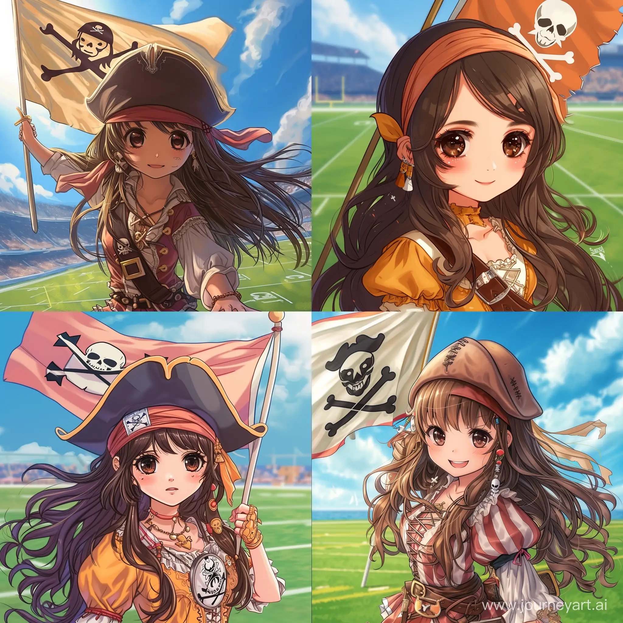 A girl, with long brown hair and eyes, on a football field, has flag with a pirate symbol on it, in cute pirate costume, cartoon style, illustration