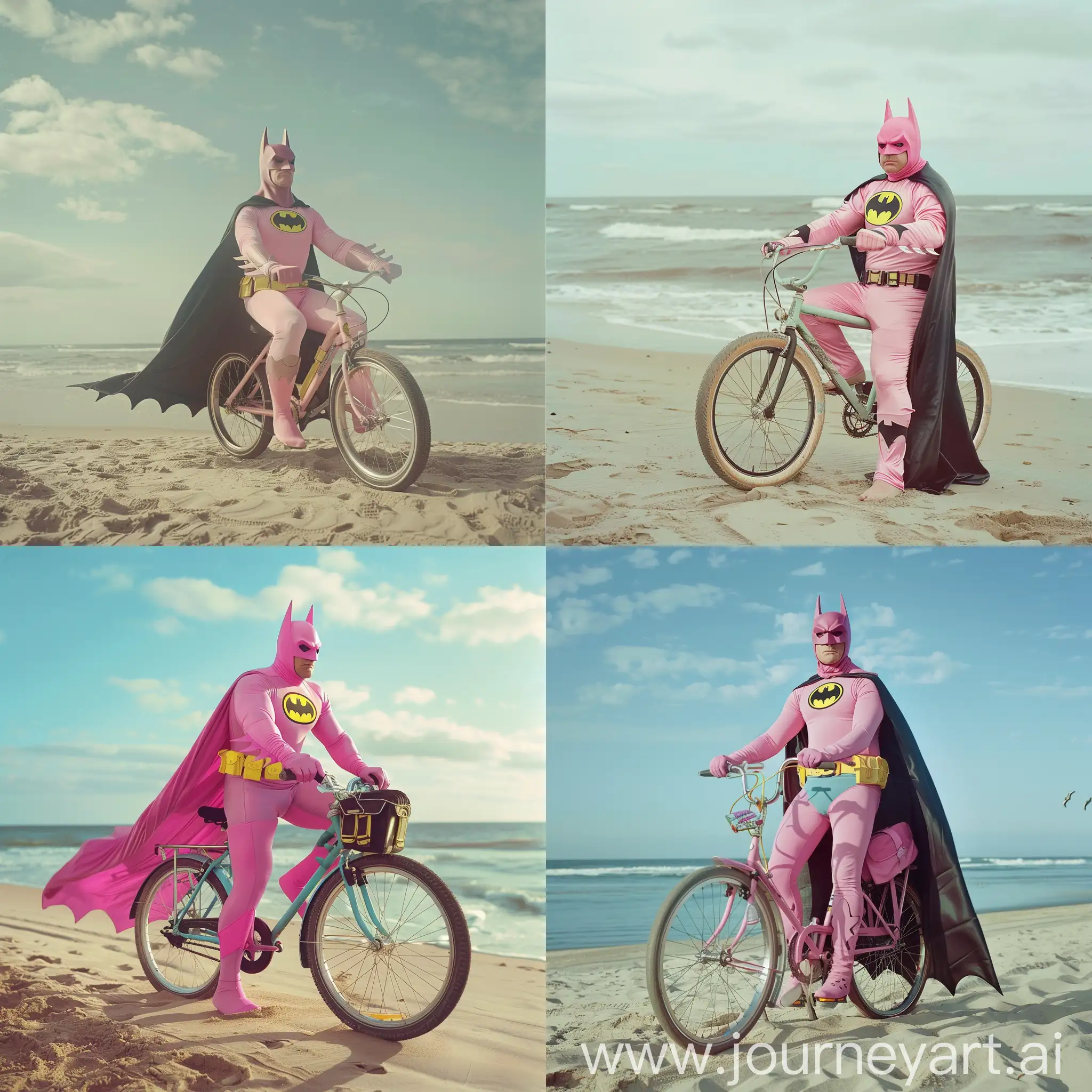 pink batman o n the beach on the bicyclle