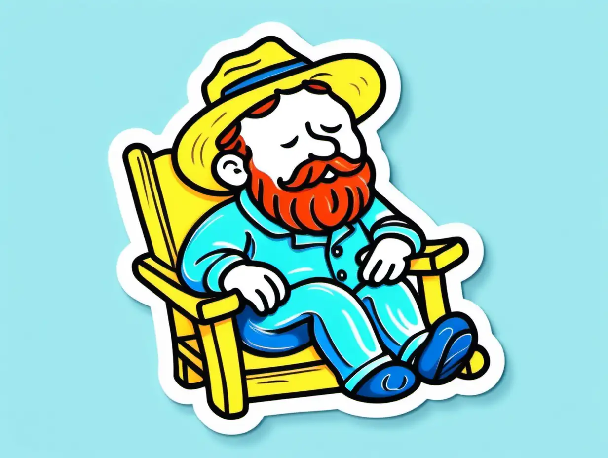 line art cartoon character with vibrant color relaxing, like a sticker, white background in the style of van gogh