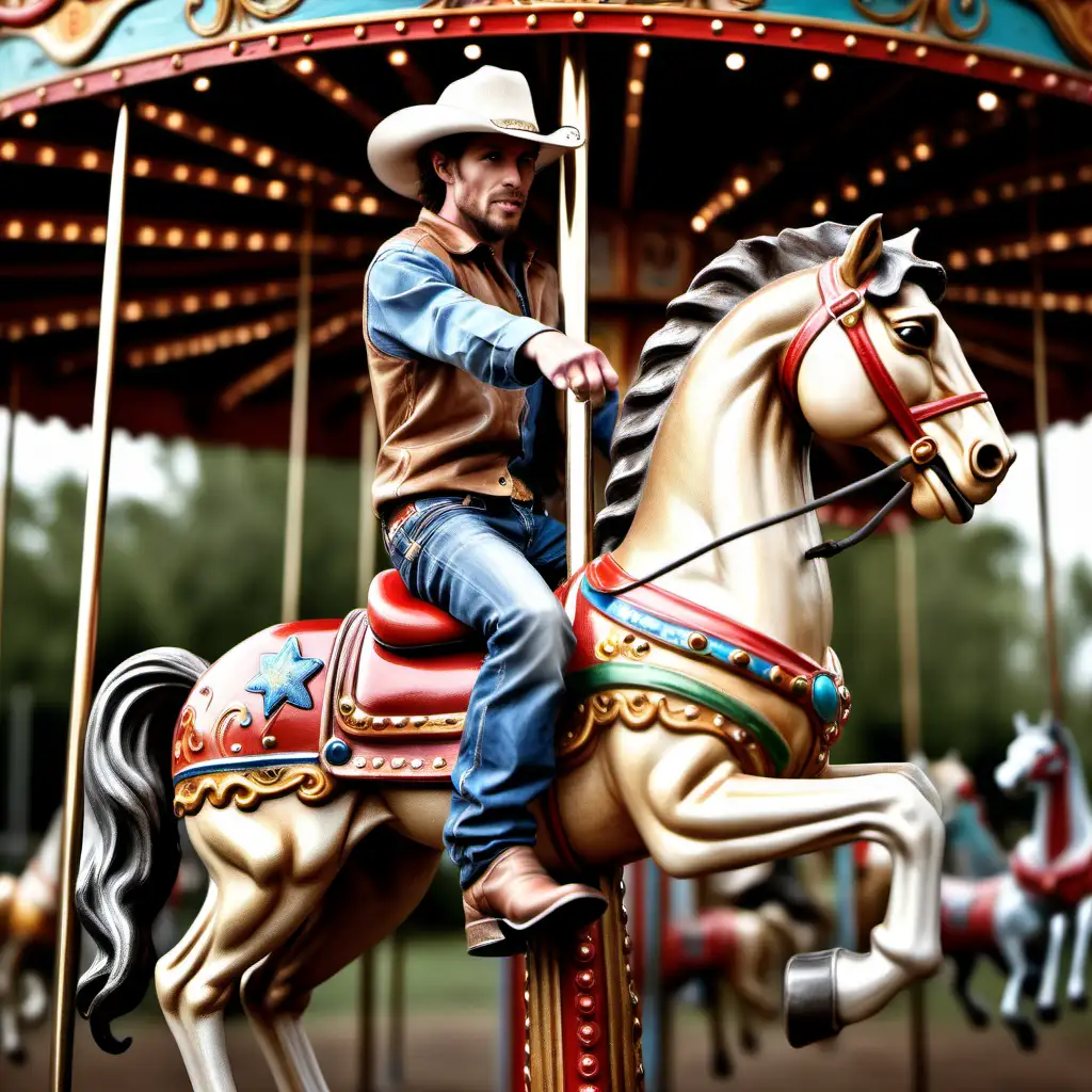 Rugged Cowboy Riding a MerryGoRound Horse in Hyperrealistic Photo