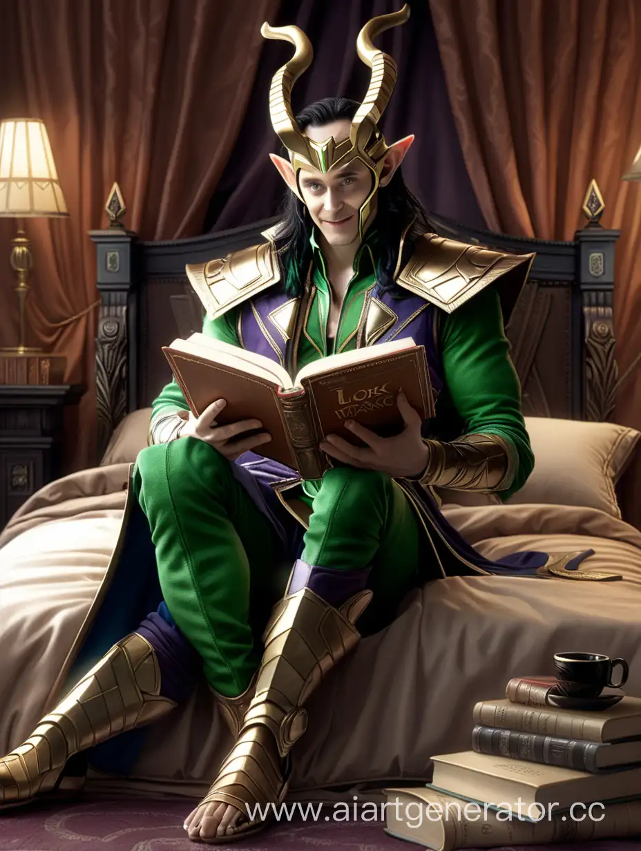 Бог обмана Локи лежит на кровати и читает книгу 