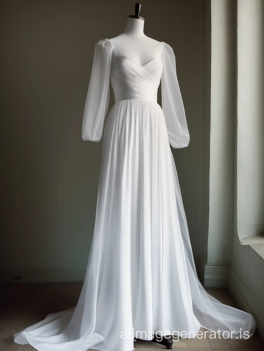 white wedding dress with a shallow neck line with square neck line on a full bust, long wide translucent sleeves at the cuffs.  fitted at the waist on a medium sized mannequin with big breasts