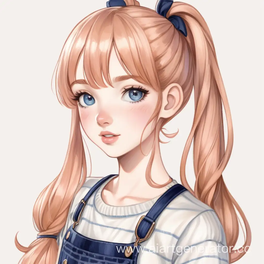 a petite young woman, standing at 4'11" with a delicate frame. She has a heart-shaped face adorned with navy blue eyes. Her strawberry blond hair falls in soft waves just above her shoulders, and she often ties it up in a high ponytail for convenience. Her style is a mix of casual and feminine, favoring pastel colors and comfortable clothes.
