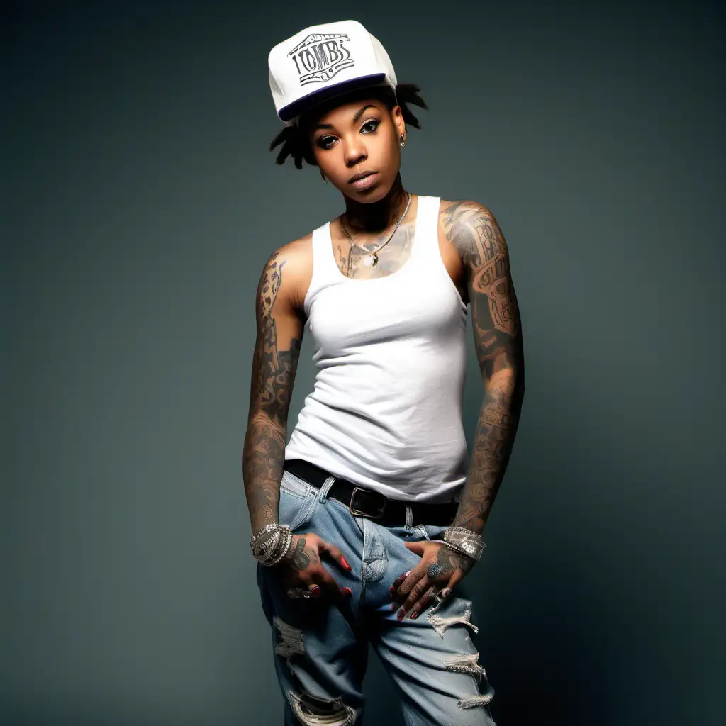 Stylish African American Woman Tomboy with Tattoos and Caps Full Body Portrait
