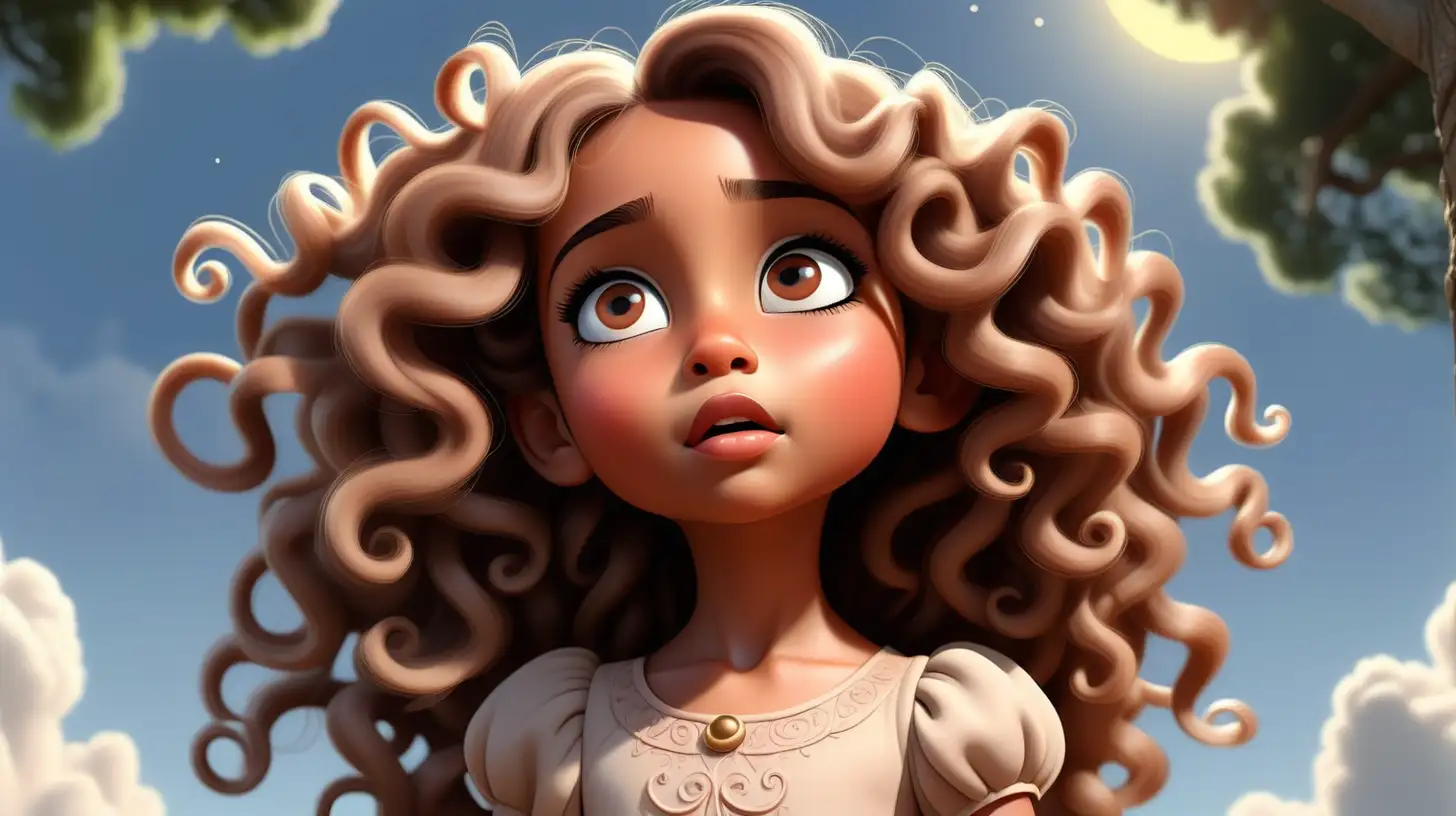 Beautiful 7 year old girl, cute , light brown skin, big hazel eyes long black eyelashes, blush, beautiful lips, round face, looking up to the sky, extremely long brown detailed curly hair, dress, disney style, cartoon character, pensive expression, sun light shining on her face, standing in front of tree, sky, clouds , eyes looking up