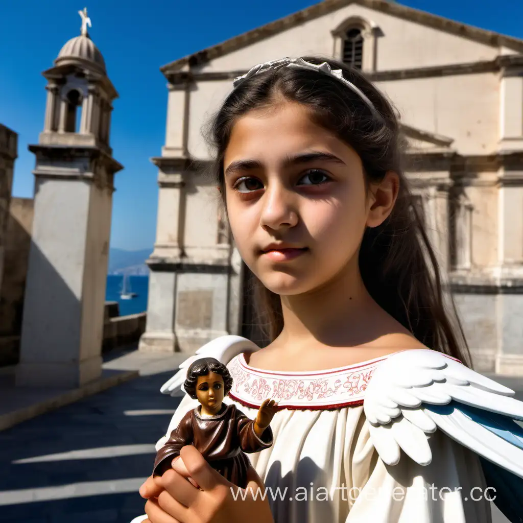 A 15-year-old Sicilian beautiful girl with brown asian eyes in mid-19th century revolution barrikades around clothing with a figurine of an angel in her hand leaves a church in Palermo on a sunny day with the Mediterranean sea in the background.