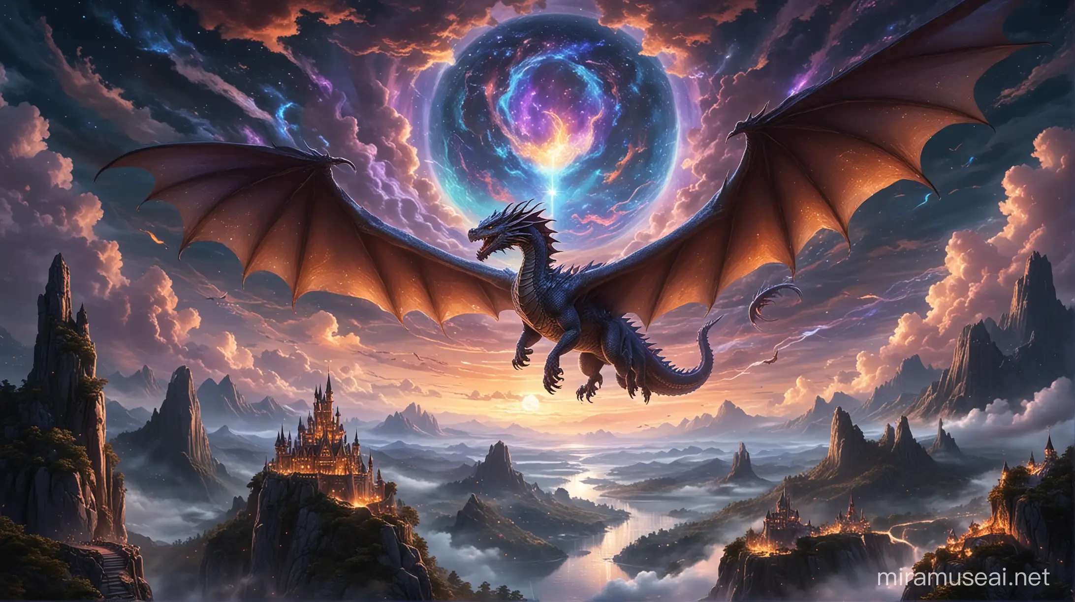 Create an epic scene featuring a majestic dragon soaring through a starlit sky, its scales shimmering with iridescence as it casts a mystical glow over a sprawling fantasy landscape below. Surround the dragon with swirling clouds tinged with hints of magic, and let the moonlight illuminate the scene, adding an aura of enchantment to the breathtaking tableau.