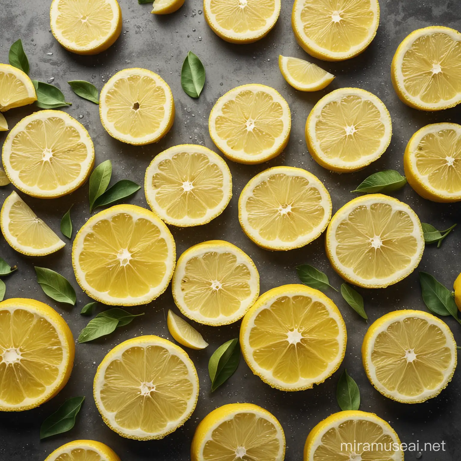 Generate a realistic image of lemon slices . The composition should be visually appealing and evoke a sense of freshness and zestiness. it is summer for lemon
