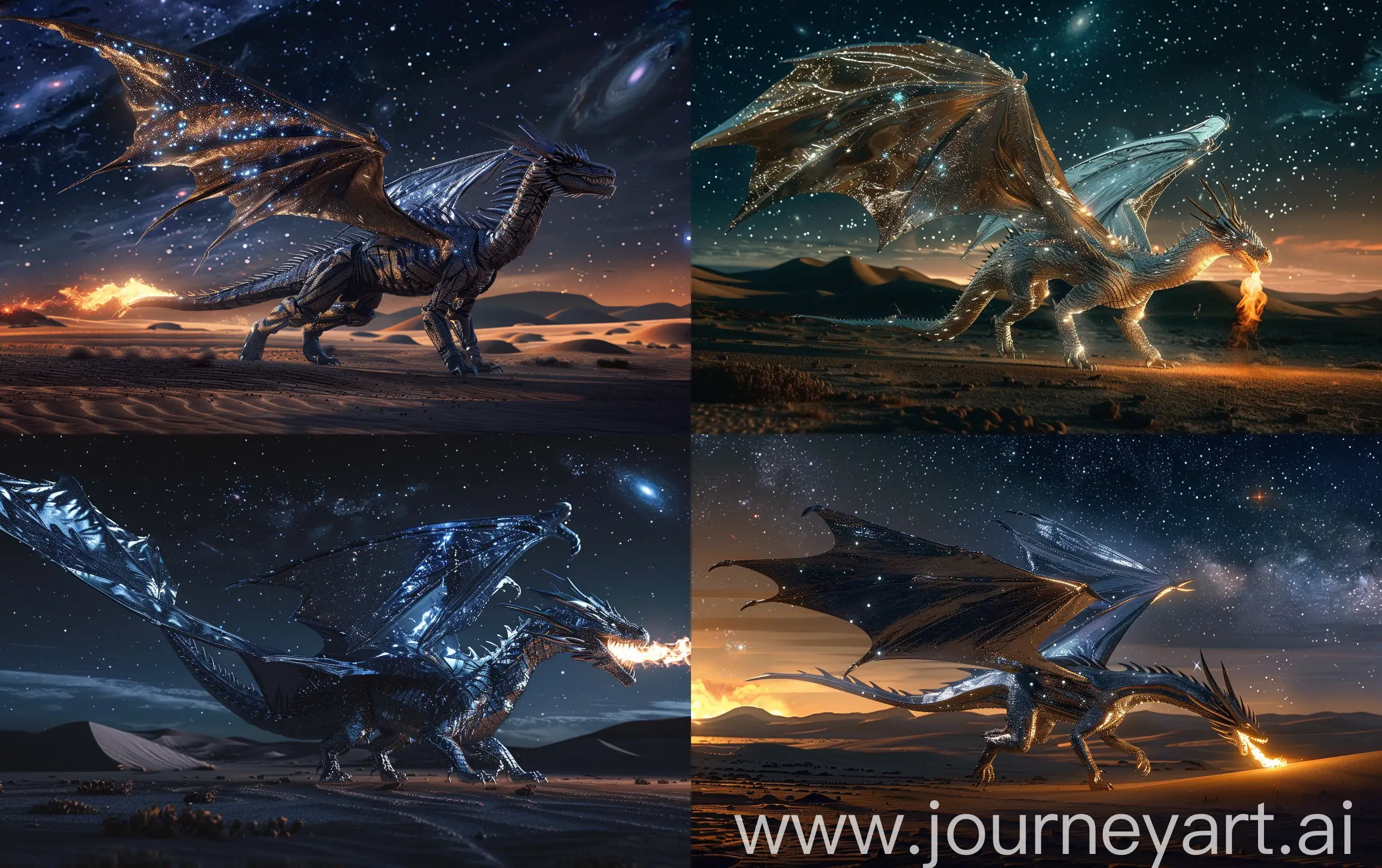 The big winged dragon which is made of luquid metal reflecting galaxies, it spews a flame, it walks through the dark desert with small hills in the night, in the sky is deep space with galaxies and Betelgeuse star, realistic, cinematic --ar 16:10