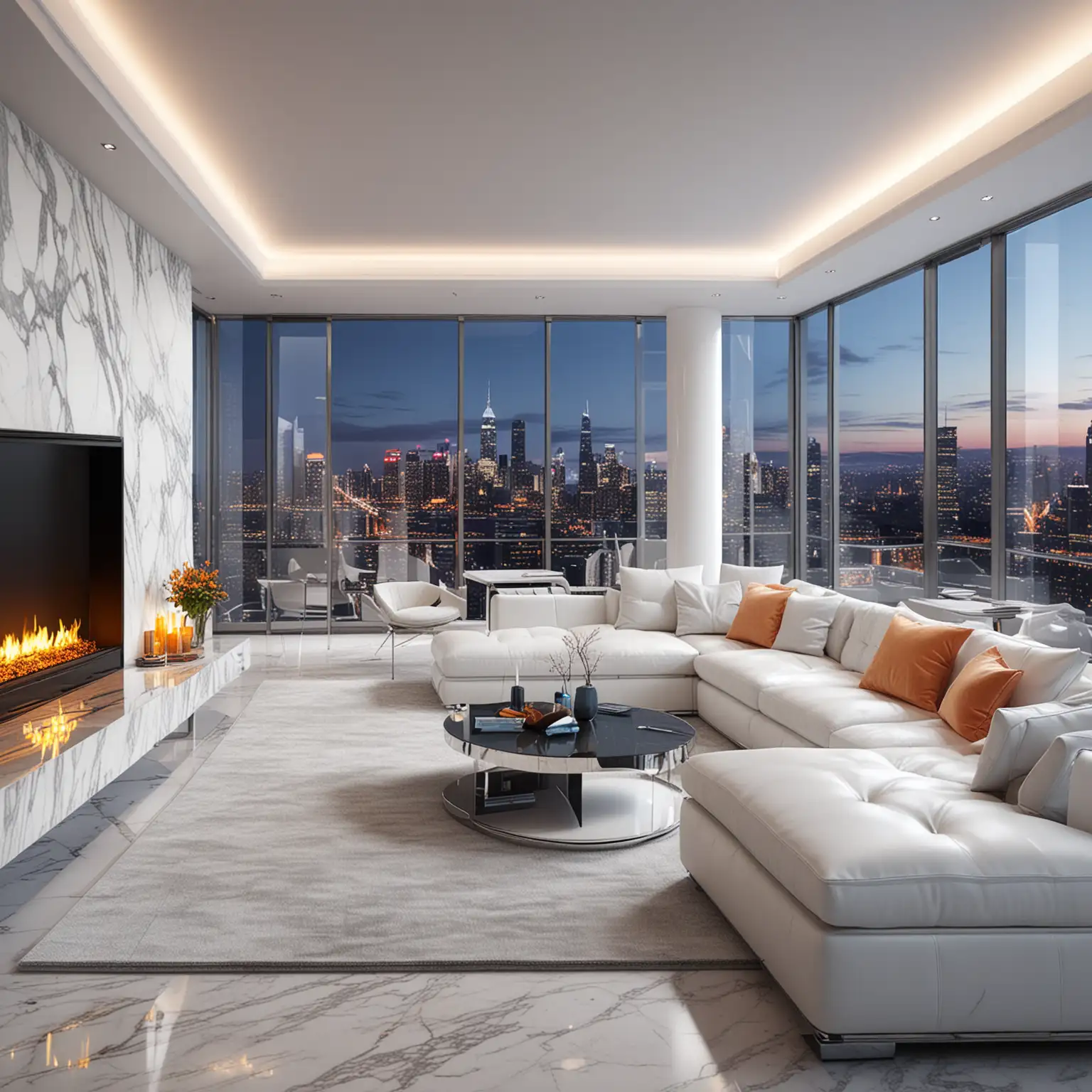 /imagine prompt: An ultramodern living room in a high-rise apartment overlooking a bustling cityscape, sleek white furniture with chrome accents contrasting against floor-to-ceiling glass windows, a minimalist fireplace embedded in a marble accent wall, abstract art pieces adorning the walls, the ambient glow of neon city lights illuminating the space, 3D rendering, using Blender with realistic lighting and textures, --ar 16:9 --v 5