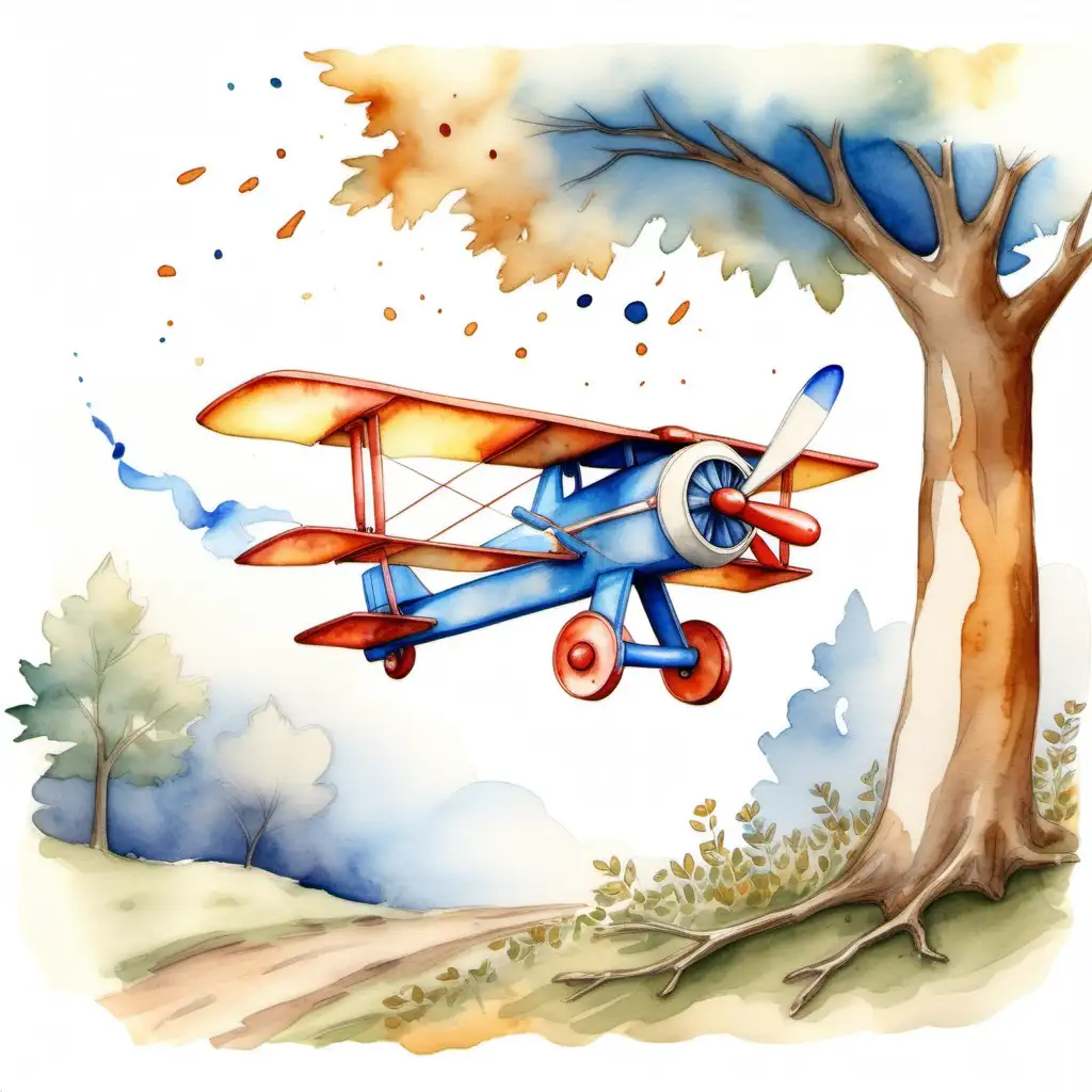 A toy glider biplane crashes a tree. Upper wing is blue. Watercolour style,warm colours. Make it appealing to a three year old