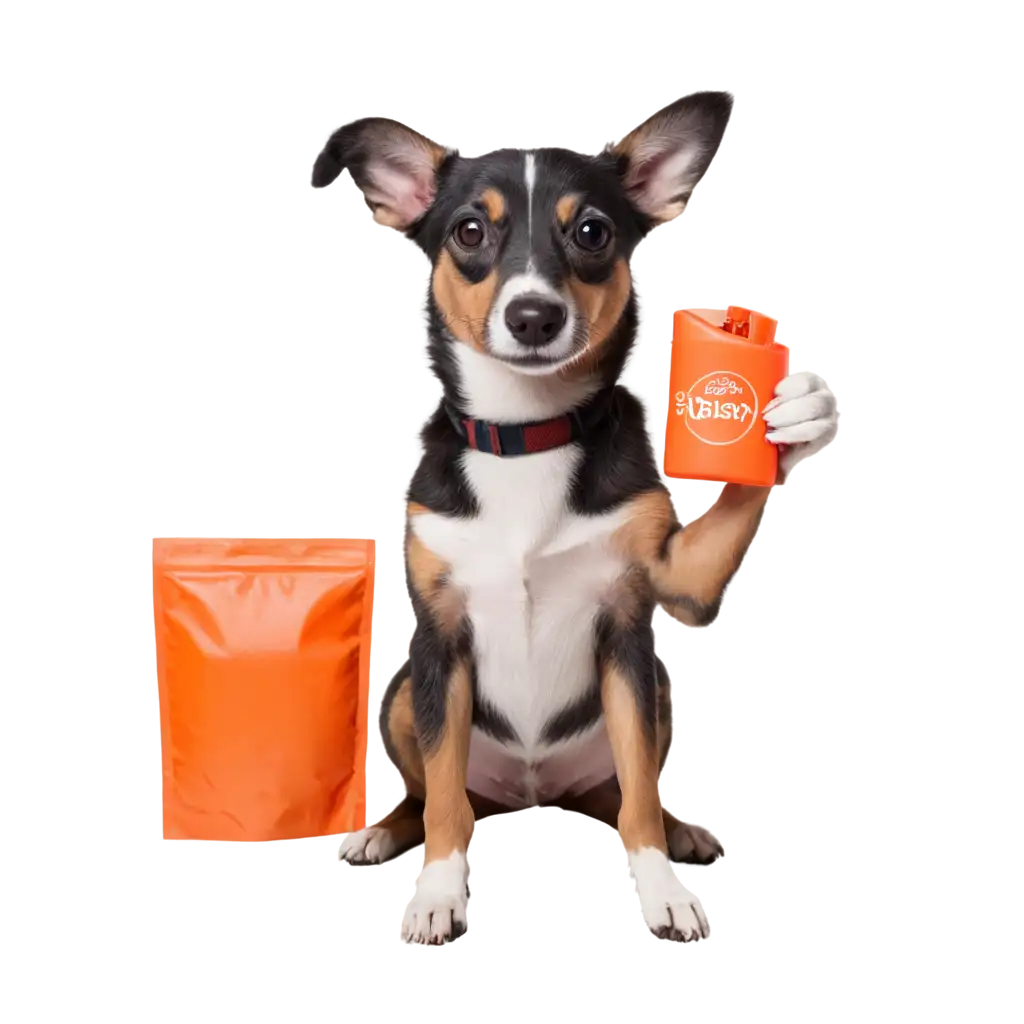 Adorable-Dog-Holding-Zasty-Paws-Product-in-Orange-Color-PNG-Image