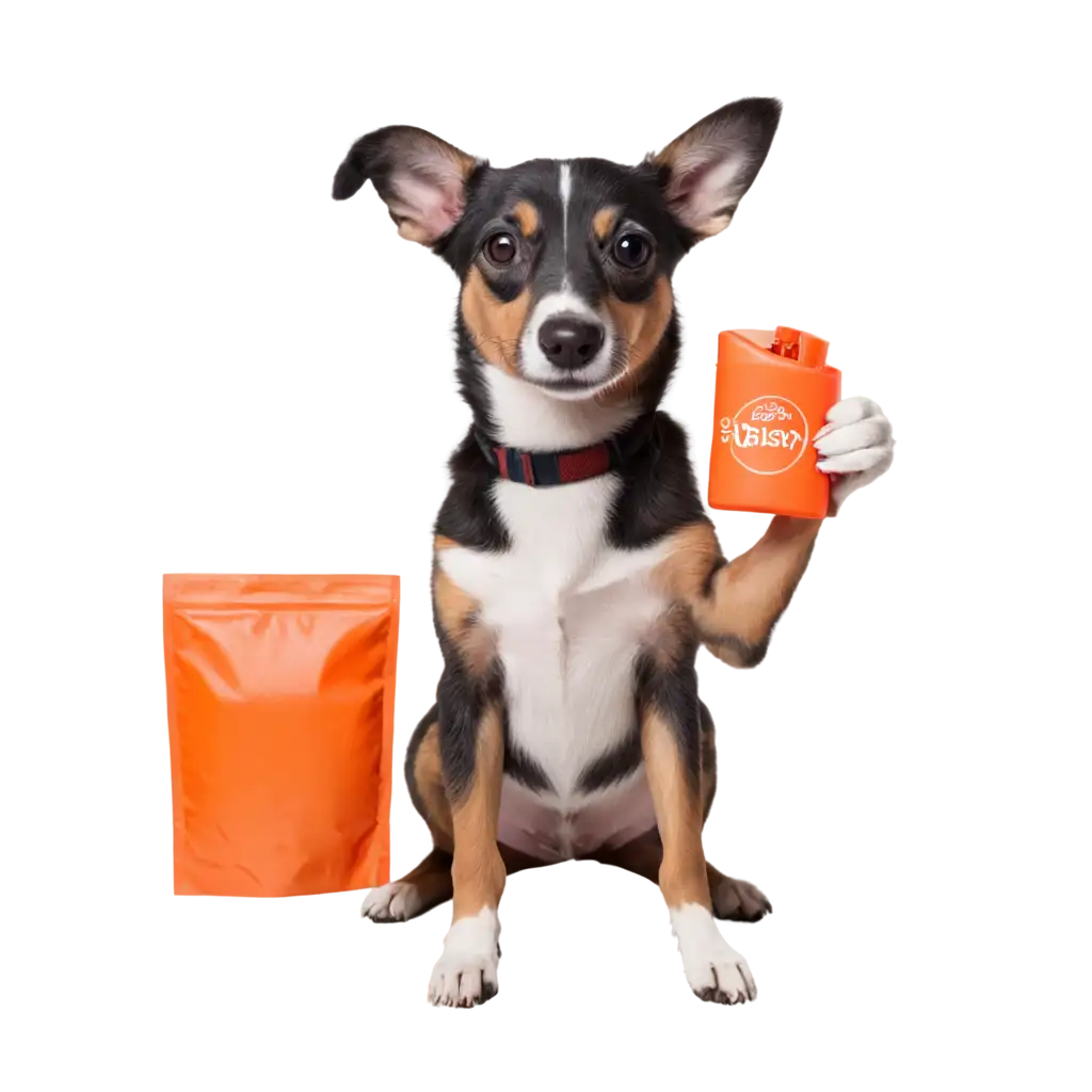 a cute dog holding zasty paws product orange color battle with his hand

