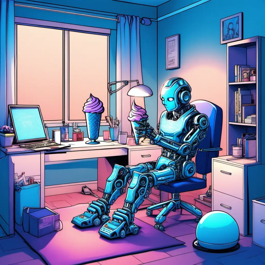 ai bot, now he's eating ice cream
He's in his bedroom sat at his desk
The bedroom has a high tech aesthetic with blue lights

