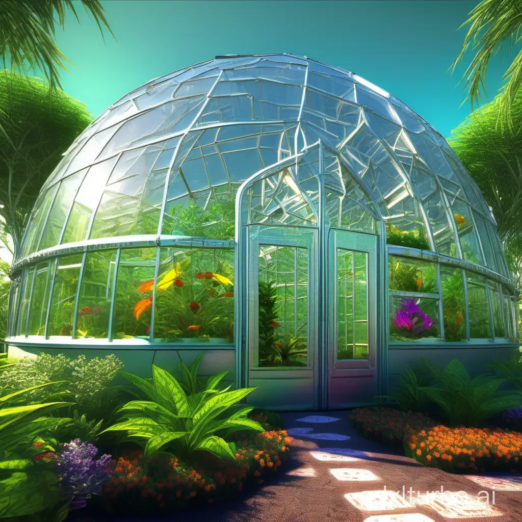 virtual greenhouse, vibrant colors, mechanical fragmentation, biosphere, high detail, 16k, vibrant colors, high detail