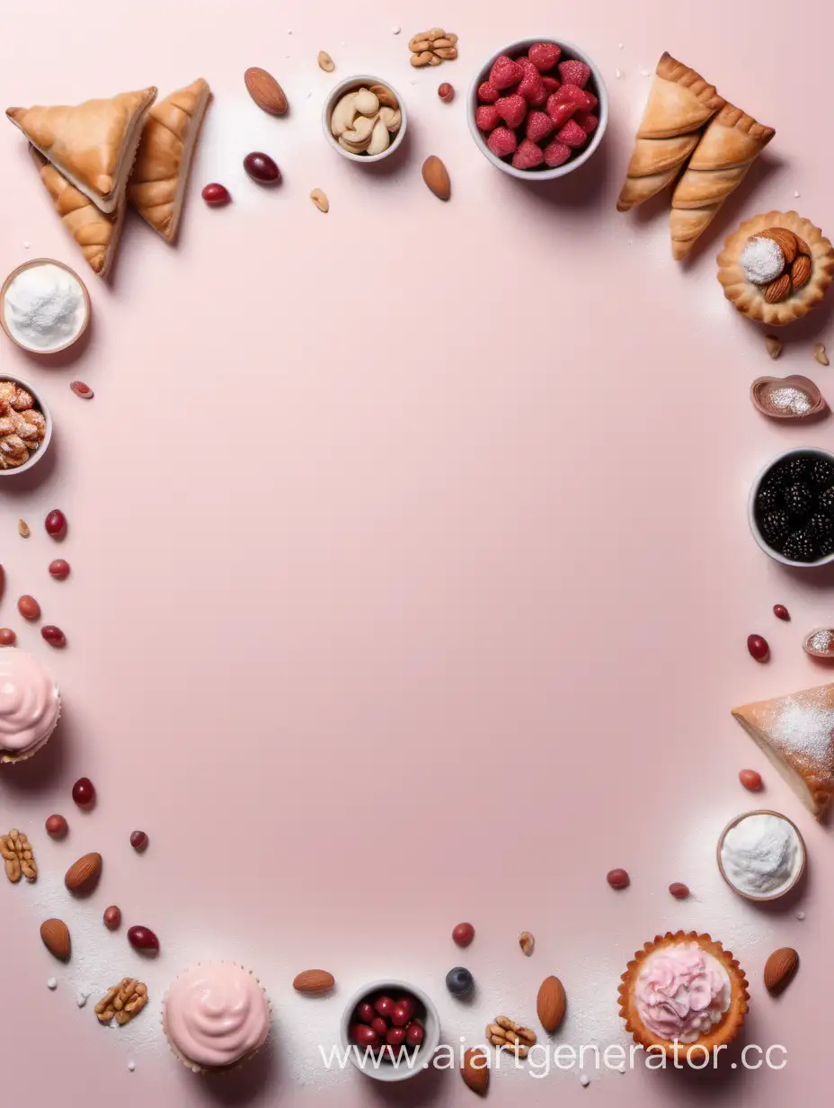 очень бледный розовый фон для меню, по центру пусто, по бокам красиво и вкусно разбросаны закуски, сэндвичи, сладкие орешки, курники, маффины, ягоды, сахарная пудра
