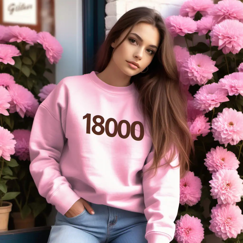  trendy girl with long brown hair wearing a Gildan 18000 pink sweatshirt. the sweatshirt should not have any design on it. The background is a beautiful French cafe with pink flowers and white brick walls
