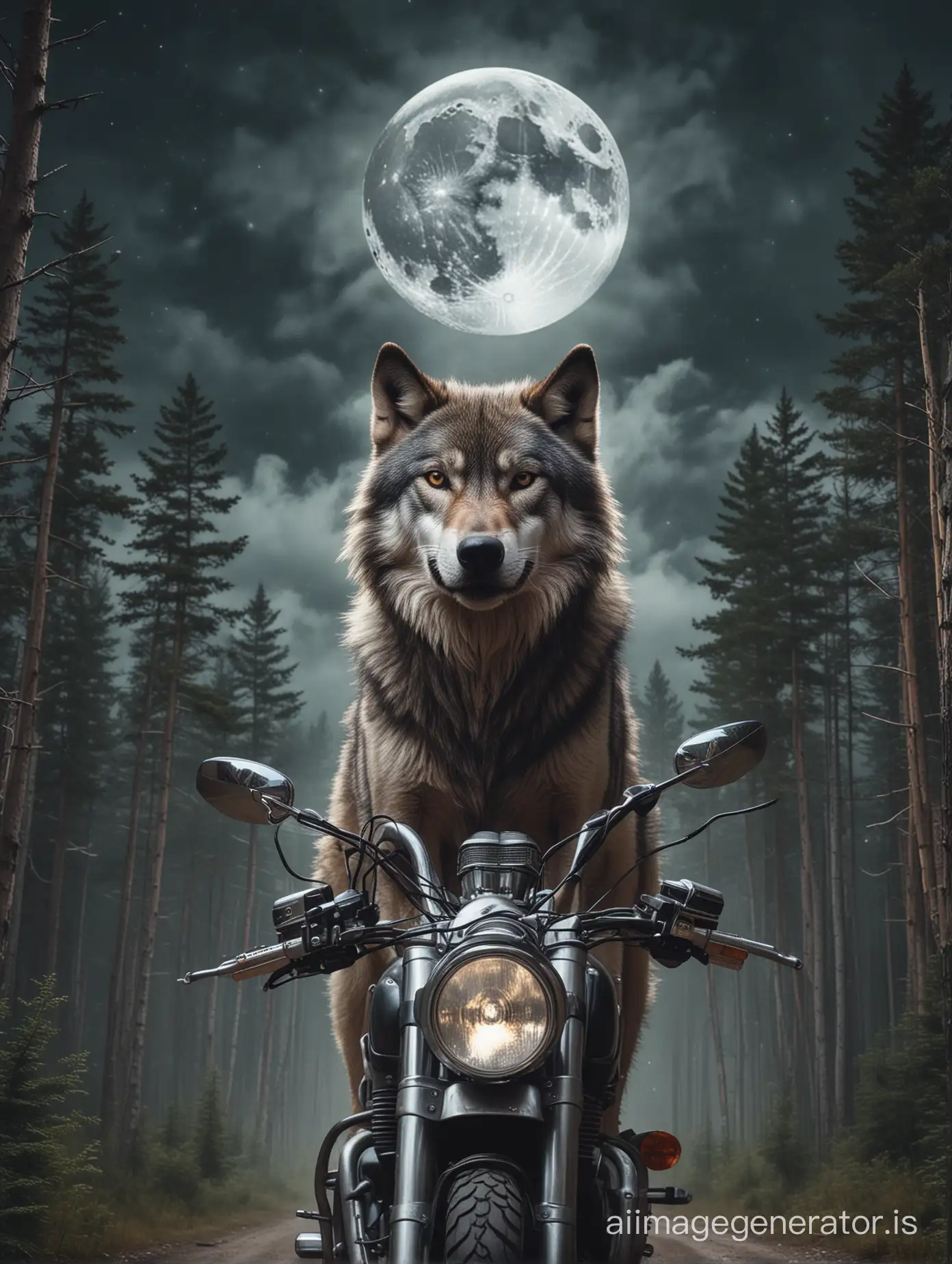 Wolf head. Big motorcycle at the bottom. A moon in the background with the image of a howling wolf. Beautiful mountain and forest in the background. Be tall cedar trees