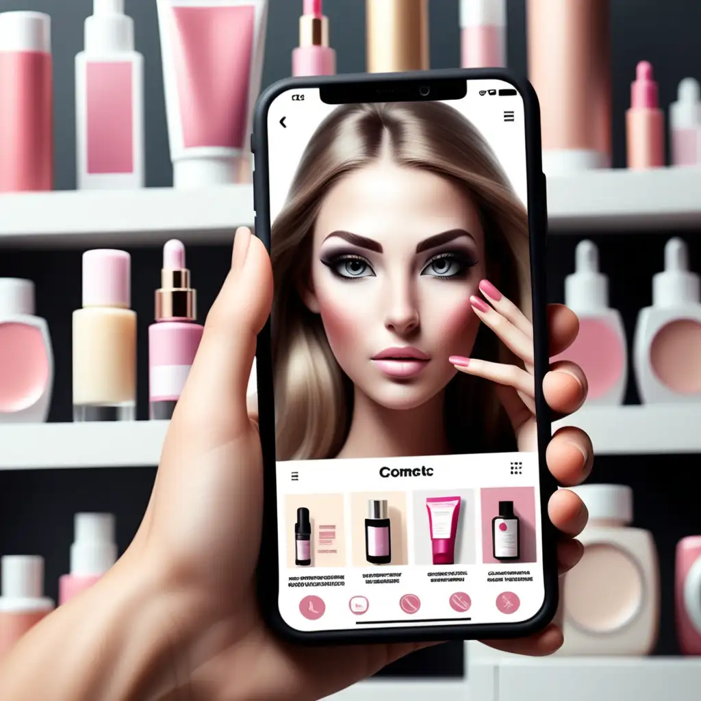 crea una imagen donde existee ecommerce, una aplicacion movil donde sea el protagonista de la imagen dentro de la pantalla del movil que se oferten productos cosmeticos