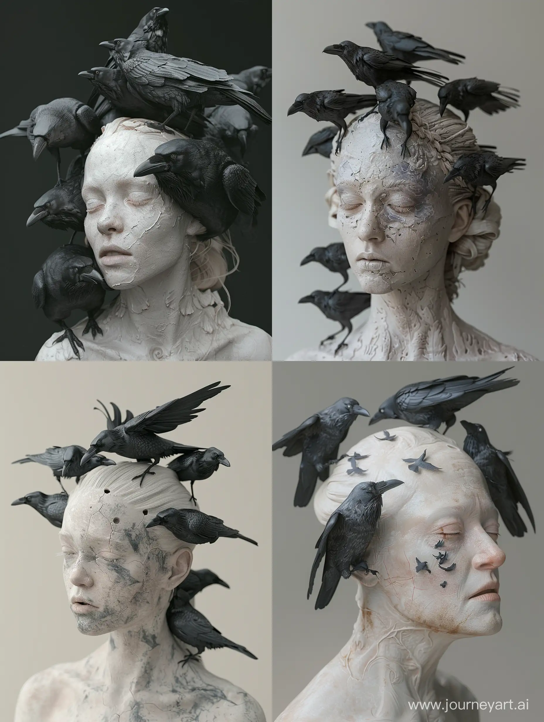a statue of a woman with ravens on her head, a surrealist sculpture, inspired by Yanjun Cheng, tumblr, with pale skin, all face covered with ravens, angelina stroganova, daily render