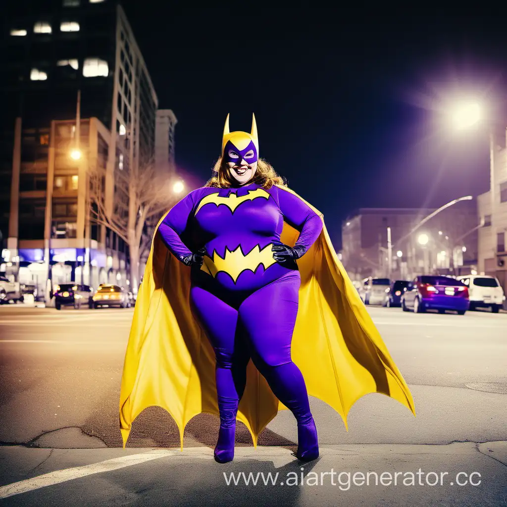 A happy plus sized Caucasian woman wearing a purple and yellow batgirl costume standing on a street corner at night.