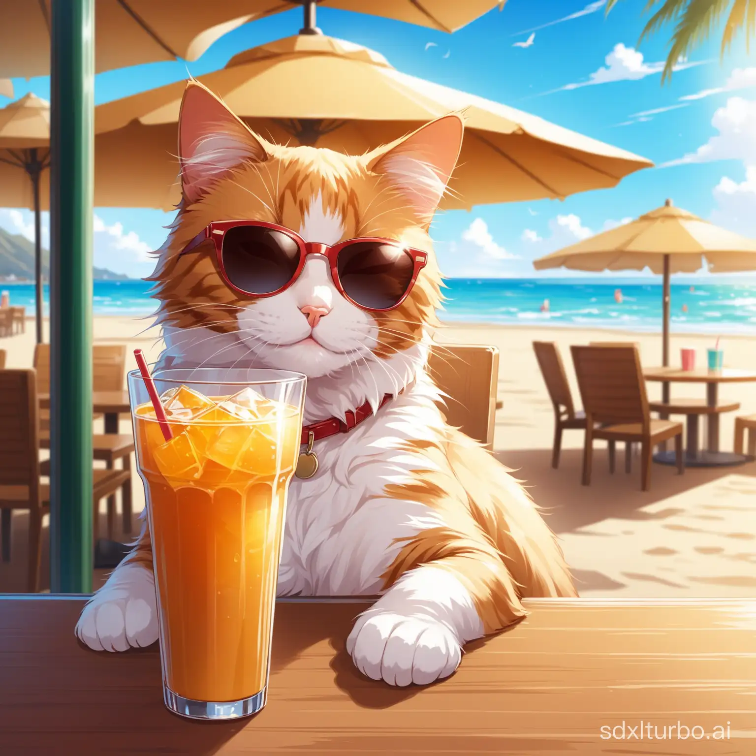 A cat wearing sunglasses relaxing in a California beach cafe