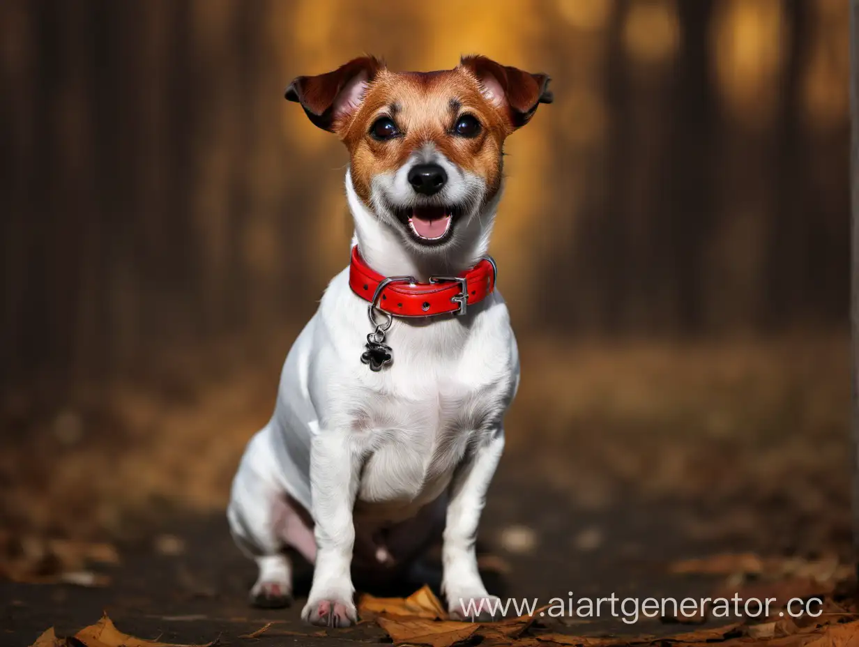 Собака  породы Джек Рассел в красивом красном ошейнике 
